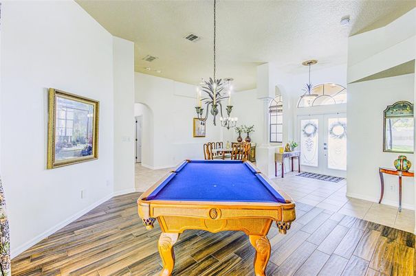 Billiard Table, Game Room, Interior, Pendant Lights, Recessed Lighting, Wood Texture Flooring
