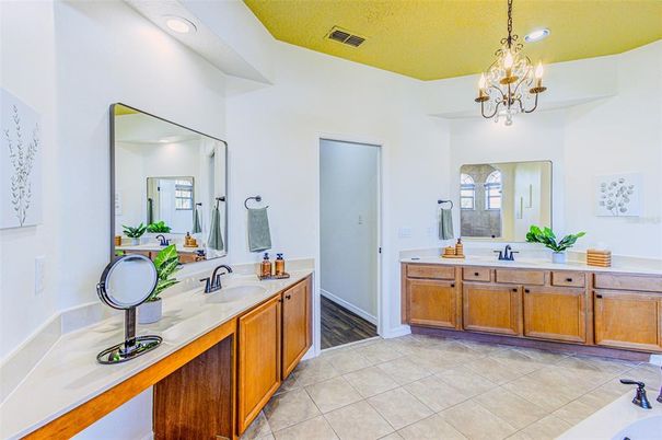 Bathroom, Chandelier, Dual Sink Vanities, Interior, Recessed Lighting