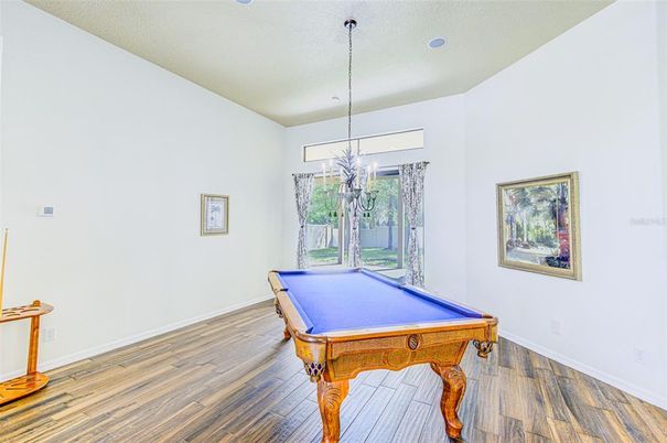 Billiard Table, Game Room, Interior, Pendant Lights, Recessed Lighting, Wood Texture Flooring