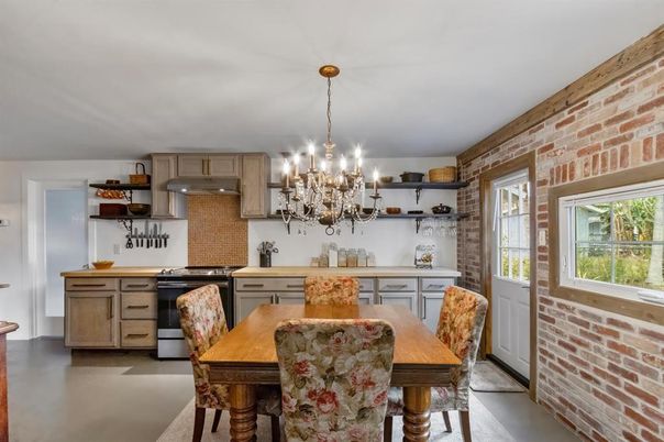 Chandelier, Dining room, Interior, Kitchen, Pendant Lights, Stone Walls