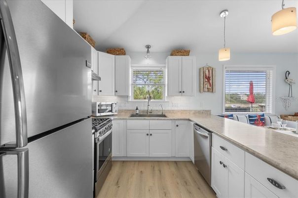 Interior, Kitchen, Pendant Lights, Stainless Steel Appliances, Wood Texture Flooring