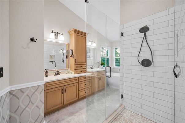 Bathroom, Dual Sink Vanities, Glass Shower, Interior, Pendant Lights
