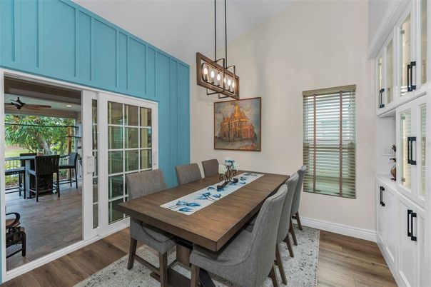 Dining room, Interior, Pendant Lights, Wood Texture Flooring