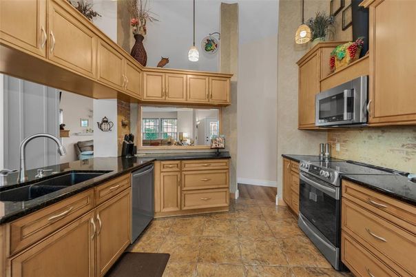 Interior, Kitchen, Pendant Lights, Stainless Steel Appliances, Wood Texture Flooring