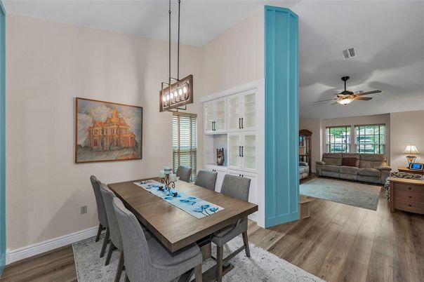 Dining room, Interior, Living room, Pendant Lights, Wood Texture Flooring