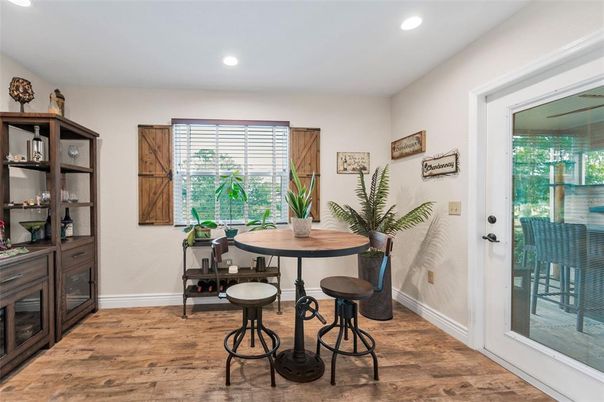 Dining room, Interior, Recessed Lighting, Wood Texture Flooring