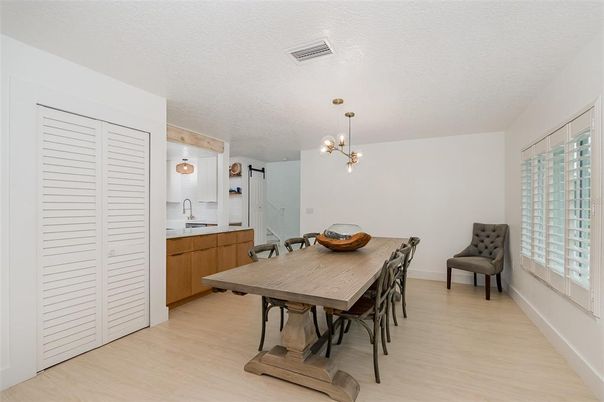 Dining room, Interior, Pendant Lights, Wood Texture Flooring
