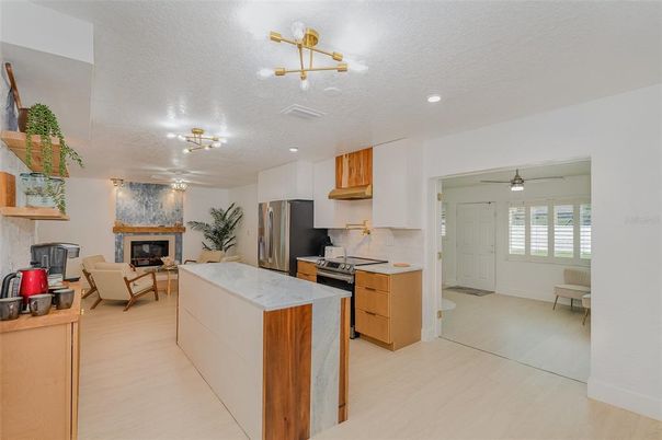 Fireplace, Interior, Kitchen, Living room, Recessed Lighting, Stainless Steel Appliances