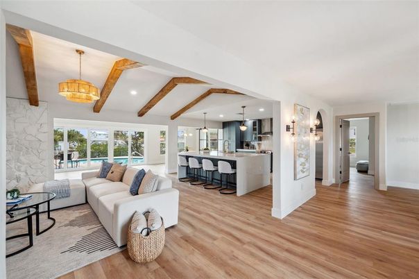Interior, Kitchen, Living room, Pendant Lights, Recessed Lighting, Stone Walls, Wooden Beams, Wood Texture Flooring