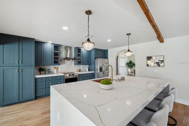 Interior, Kitchen, Pendant Lights, Recessed Lighting, Stainless Steel Appliances, Wooden Beams, Wood Texture Flooring