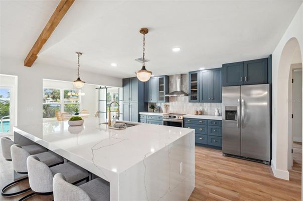 Interior, Kitchen, Pendant Lights, Recessed Lighting, Stainless Steel Appliances, Wooden Beams, Wood Texture Flooring