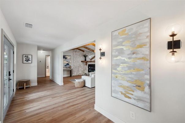 Fireplace, Interior, Living room, Stone Walls, Wood Texture Flooring
