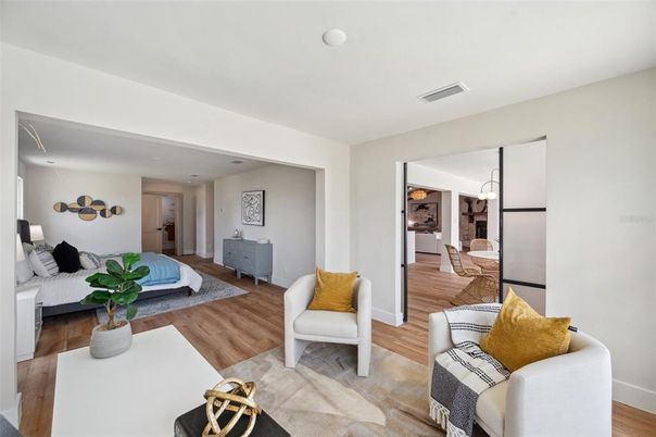 Bedroom, Interior, Pendant Lights, Wood Texture Flooring