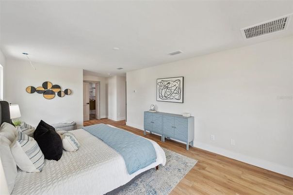 Bedroom, Interior, Recessed Lighting, Wood Texture Flooring