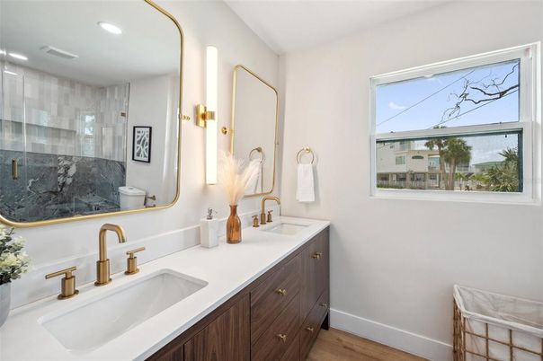 Bathroom, Dual Sink Vanities, Interior, Recessed Lighting, Wood Texture Flooring