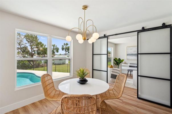 Dining room, Interior, Pendant Lights, Pool, Wood Texture Flooring