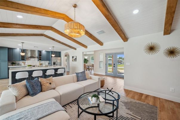 Interior, Kitchen, Living room, Pendant Lights, Recessed Lighting, Stainless Steel Appliances, Wooden Beams, Wood Texture Flooring