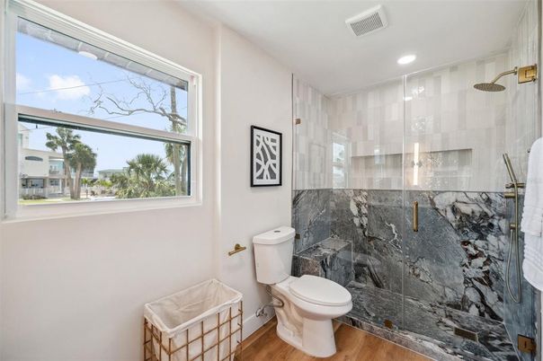 Bathroom, Glass Shower, Interior, Recessed Lighting, Wood Texture Flooring