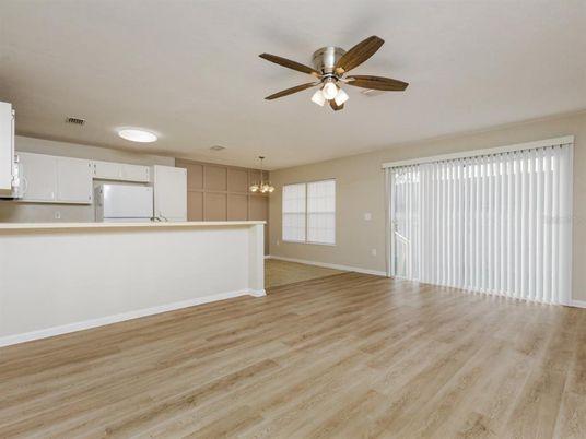 Chandelier, Empty room, Interior, Kitchen, Pendant Lights, Wood Texture Flooring