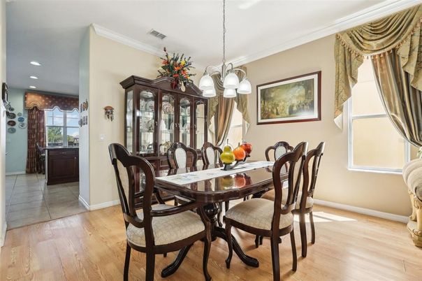 Dining room, Interior, Pendant Lights, Recessed Lighting, Wood Texture Flooring