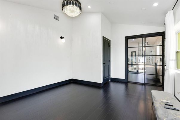 Chandelier, Empty room, Interior, Recessed Lighting, Wood Texture Flooring