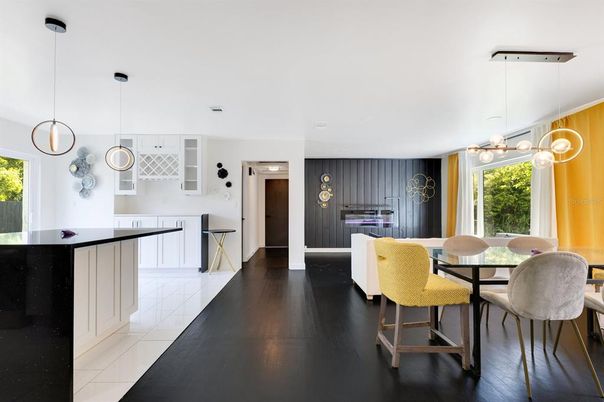 Dining room, Interior, Kitchen, Pendant Lights, Wood Texture Flooring