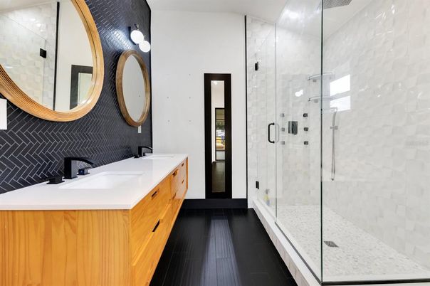 Bathroom, Dual Sink Vanities, Glass Shower, Interior, Wood Texture Flooring