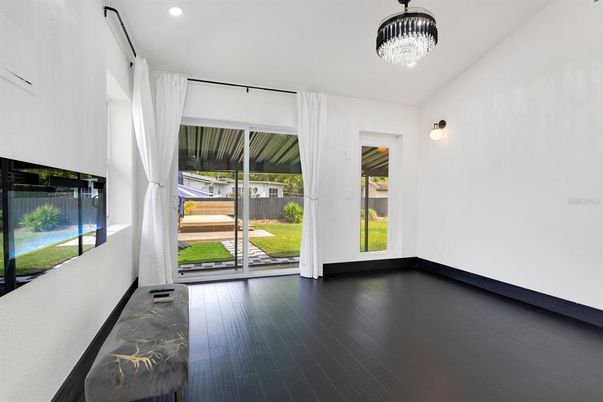 Chandelier, Empty room, Interior, Recessed Lighting, Wood Texture Flooring