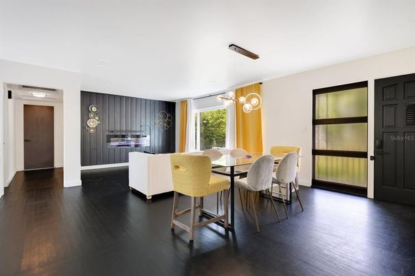 Dining room, Interior, Pendant Lights, Wood Texture Flooring