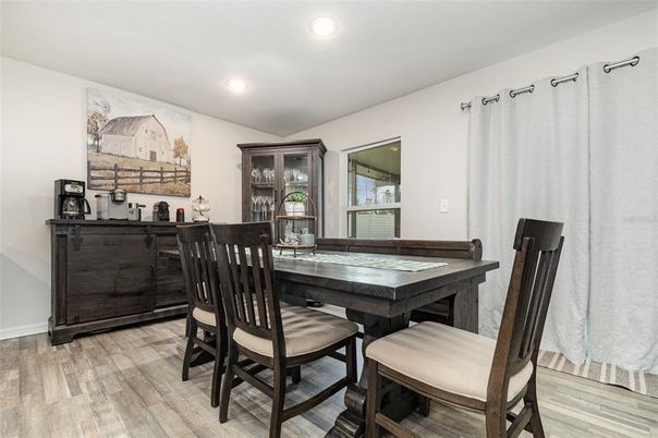 Dining room, Interior, Recessed Lighting, Wood Texture Flooring