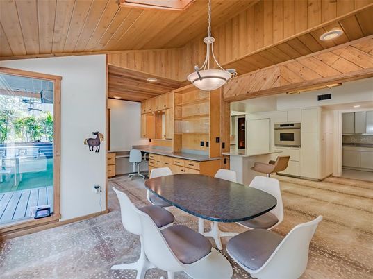 Dining room, Interior, Kitchen, Pendant Lights, Recessed Lighting, Stainless Steel Appliances, Wooden Beams, Wooden Ceilings, Wood Texture Flooring