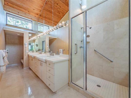 Bathroom, Dual Sink Vanities, Glass Shower, Interior, Wooden Ceilings