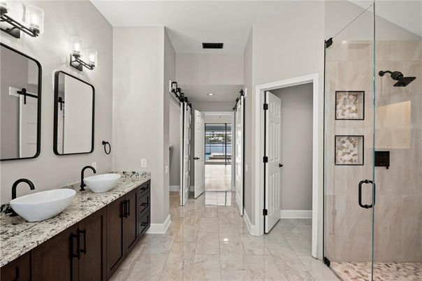 Bathroom, Dual Sink Vanities, Glass Shower, Interior, Recessed Lighting