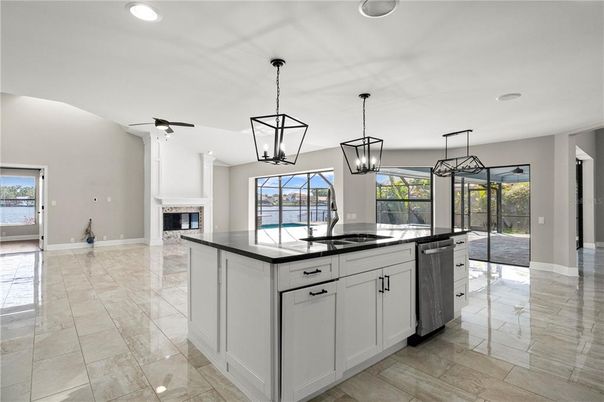 Fireplace, Interior, Kitchen, Pendant Lights, Recessed Lighting