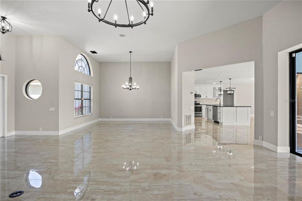 Chandelier, Empty room, Interior, Kitchen, Pendant Lights, Stainless Steel Appliances