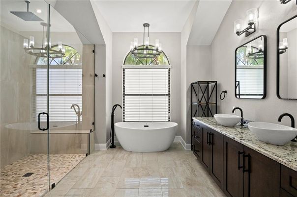Bathroom, Dual Sink Vanities, Free Standing Baths, Glass Shower, Interior, Pendant Lights
