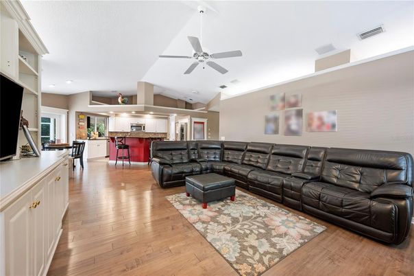 Interior, Kitchen, Living room, Recessed Lighting, Wood Texture Flooring