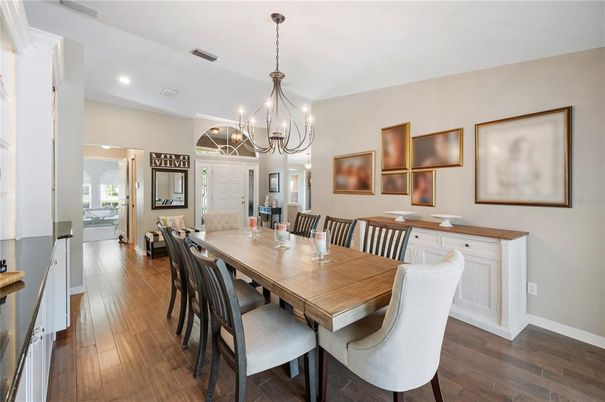 Chandelier, Dining room, Interior, Recessed Lighting, Wood Texture Flooring