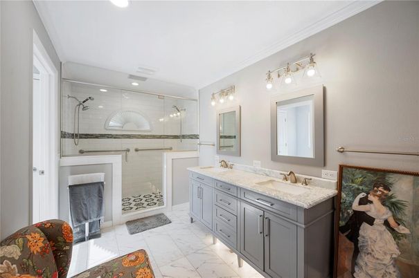 Bathroom, Dual Sink Vanities, Glass Shower, Interior, Marble, Recessed Lighting