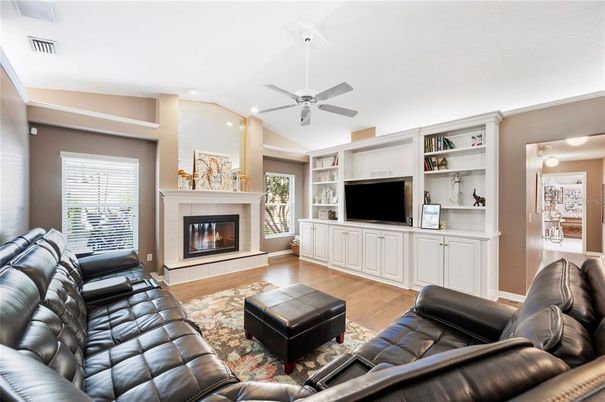 Fireplace, Interior, Living room, Recessed Lighting, Wood Texture Flooring