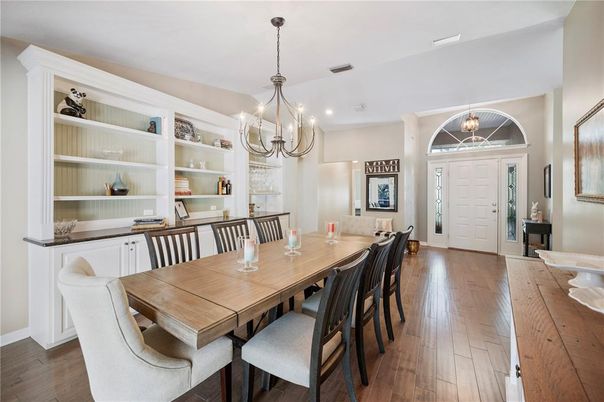 Chandelier, Dining room, Interior, Recessed Lighting, Wood Texture Flooring
