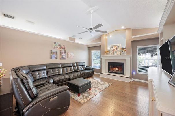 Fireplace, Interior, Living room, Recessed Lighting, Wood Texture Flooring