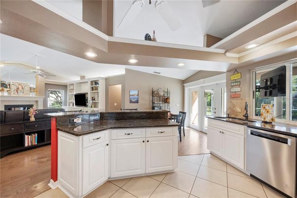 Fireplace, Interior, Kitchen, Recessed Lighting, Wood Texture Flooring