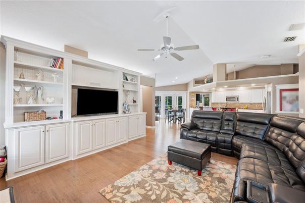 Dining room, Interior, Kitchen, Living room, Recessed Lighting, Wood Texture Flooring