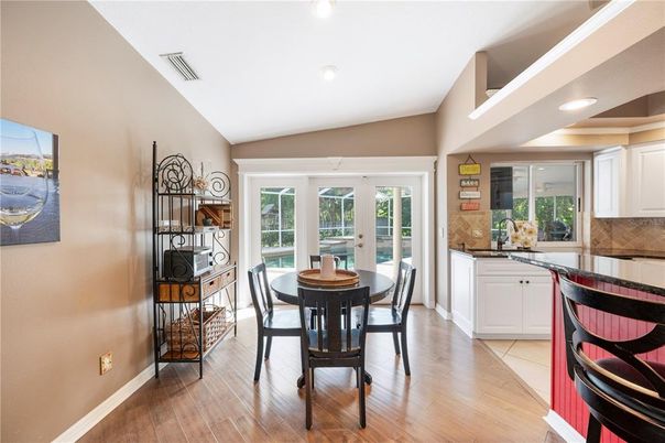 Dining room, Interior, Recessed Lighting, Wood Texture Flooring