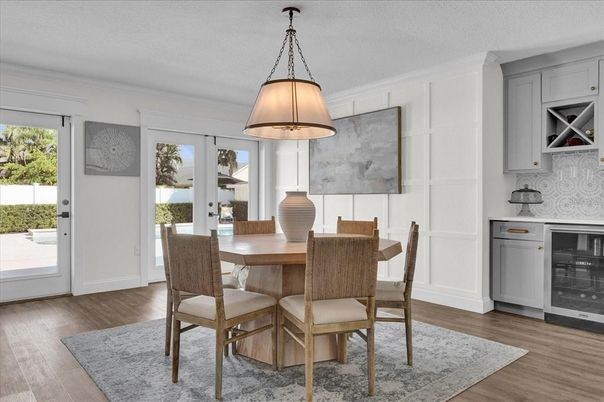 Dining room, Interior, Pendant Lights, Wood Texture Flooring