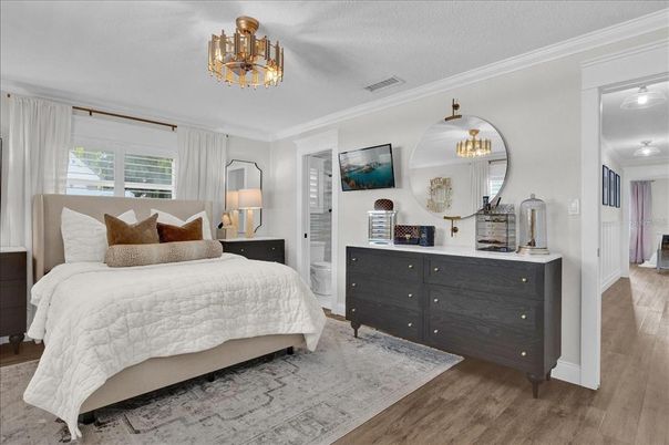 Bedroom, Chandelier, Interior, Wood Texture Flooring