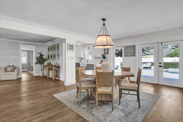 Dining room, Interior, Kitchen, Pendant Lights, Wood Texture Flooring