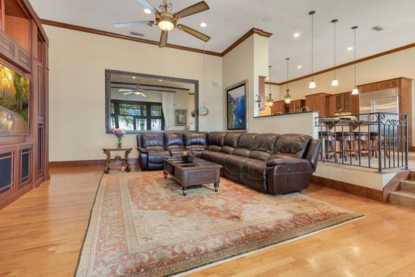 Interior, Kitchen, Living room, Pendant Lights, Recessed Lighting, Wood Texture Flooring