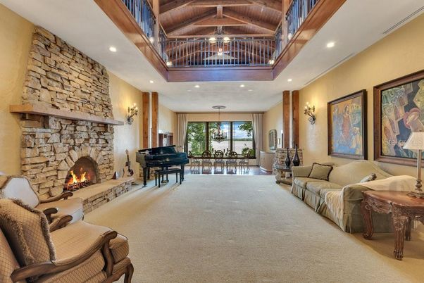 Fireplace, Interior, Living room, Piano, Recessed Lighting, Stone Walls, Wooden Beams